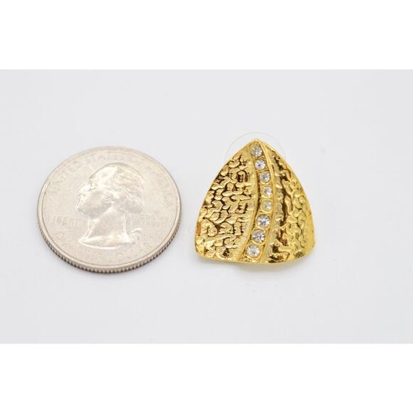 Vintage Pierced Earrings Brushed Gold Textured Rhinestone Shiny NOS 1980s BinAA - Picture 11 of 11